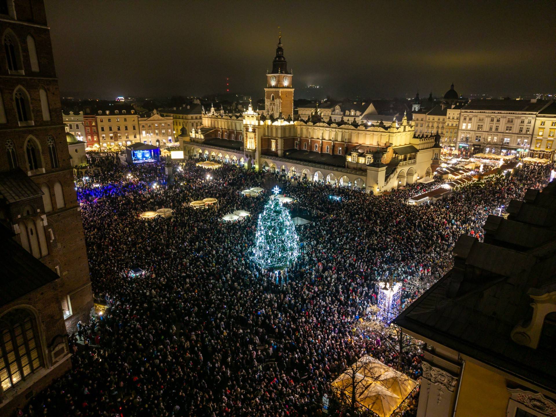 Najpiękniejsza choinka w Krakowie już rozświetlona, na ten moment czekały tłumy