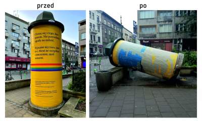 Komu przeszkadzał słup ogłoszeniowy z tęczową wstęgą?