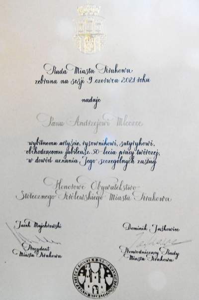 Andrzej Mleczko odbiera tytuł honorowego obywatela Krakowa, fot. Marek Lasyk - zdjęcie 6