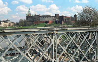 Budowa mostu Lajkonik, tymczasowej przeprawy w roku 1998