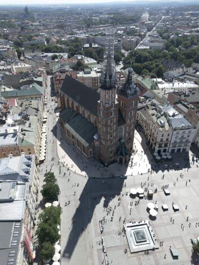 Wyższa wieża kościoła Mariackiego w rusztowaniu, ma to związek z koroną królewską - zdjęcie 2